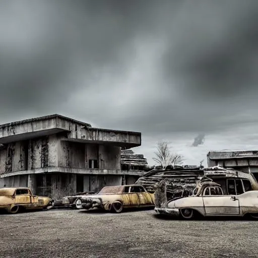 Prompt: Real photo of a twins Buildings, brutalism architecture, in post-apocalyptic town with wolves and old cars, photorealistic, far west, 8k