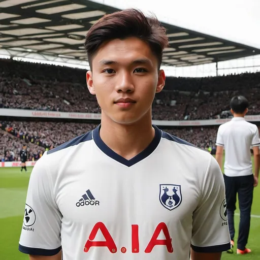 Prompt: Guy in late teens to early 20s whose father is Danish (and a smaller bit German) and whose mother is Chinese, Malaysian, and Taiwanese Filipina (he looks mixed - also called Wasian). He is a footballer for Tottenham Hotspur (shirt visible).