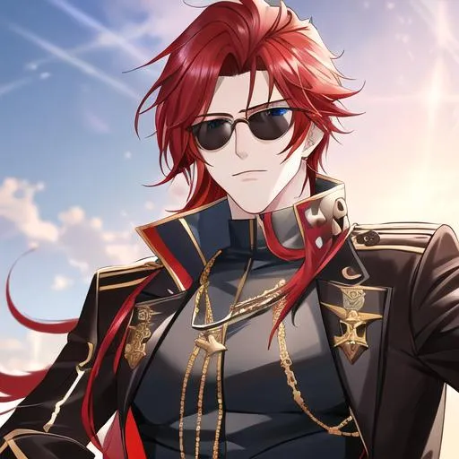 Prompt: Zerif 1male (Red side-swept hair falling between the eyes, sharp and sassy blue eyes), highly detailed face, 8K, Insane detail, best quality, UHD, handsome, flirty, muscular, Highly detailed, insane detail, high quality. black sunglasses resting on his head, gold jewelry, movie star, hollywood, black leather jacket, tight grey pants