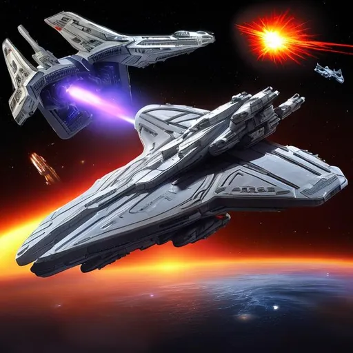 Prompt: Massive Spaceship, galaxy war, laser gun, space, explode, battle aircraft,