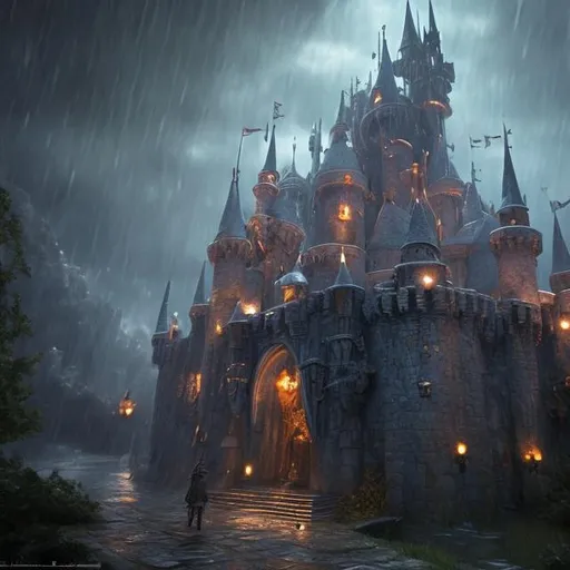 Prompt: Fantasy castle wih rain and a broken knight