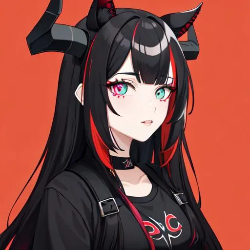 Prompt: Haley (black multi-color hair) (multi color eyes) (she has demon horns) (she has horse ears)(red markings all over her body) casual attire