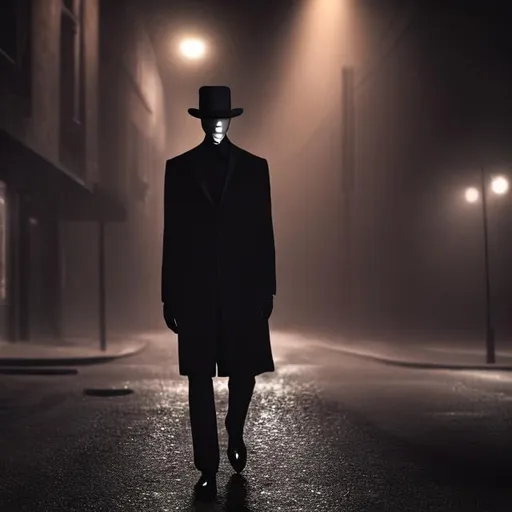 Prompt: A slender man with a black wet overcoat with a hidden face and a fedora hat and 1920s suite in an empty narrow street near a pole and moonlit night sky, portrait a bit zoomed