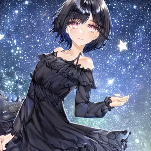 Prompt: black hair, short hair, night sky, bright stars, crying eyes, happy face, dress