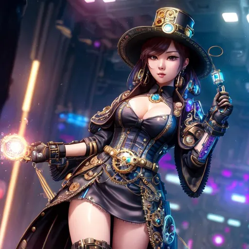 Prompt: steampunk kpop idol, mechanical, excited, skirt, symmetrical, perfect composition, hyperrealistic, super detailed, 8k, high quality, Splash art, front, epic Instagram, artstation, hyperdetailed intricately detailed, unreal engine, intricate detail, splash screen, complementary colors, concept art, 8k, heavy strokes, splash arts, full height, full body focus,