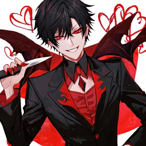 Prompt: Damien (male, short black hair, red eyes), demon form, grinning seductively, holding a knife, hearts around him
