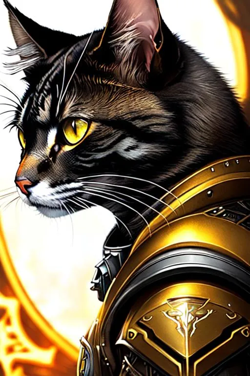 Prompt: Poster art, high-quality high-detail highly-detailed breathtaking hero ((by Aleksi Briclot and Stanley Artgerm Lau)) - ((a cat )), cat head detailed black cat head, 8k, military armour,  full form , The queen of all cats, forest world setting, has highly detailed yellow and black futuristic military mech armour, detailed carbon fibre black and yellow amour, wearing carbon black and yellow military mech armor, highly detailed mech armor, full form, epic, 8k HD, ice, sharp focus, ultra realistic clarity. Hyper realistic, Detailed face, portrait, realistic, close to perfection, more black in the armour, 
wearing blue and black cape, wearing carbon black cloak with yellow, full body, high quality cell shaded illustration, ((full body)), dynamic pose, perfect anatomy, centered, freedom, soul, Black short hair, approach to perfection, cell shading, 8k , cinematic dramatic atmosphere, watercolor painting, global illumination, detailed and intricate environment, artstation, concept art, fluid and sharp focus, volumetric lighting, cinematic lighting, 
