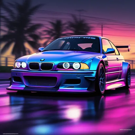 Prompt: 2001 BMW M3 E46 GTR, synthwave, aesthetic cyberpunk, miami, highway, dusk, neon lights, coastal highway, dusk, neon lights, coastal highway, sunset, drift, nurburgring, water on the road, blade runner, 8k, watercolor, macro sharp focus, 8, hyper realistic, cinematic, detailed