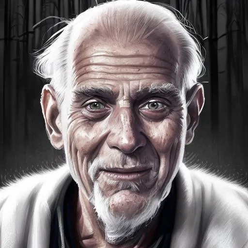 Prompt: tall old man, scars, white hairs, dark purple robe, gloomy forest, scars, smile, terrifying, highly detailed, intimidating, digital art, ambient light, dark atmosphere, detailed linework, hyperealistic