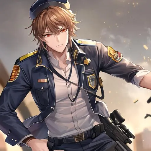 Prompt: Caleb as a police officer in a gunfight bullets flying, wounded
