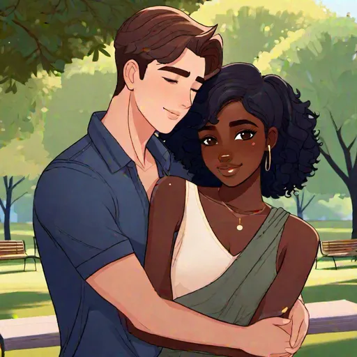 Prompt: Caleb  1male (brown hair, brown eyes) hugging Tome 1female (dark skin, short dark blue hair) on a date in the park, adults