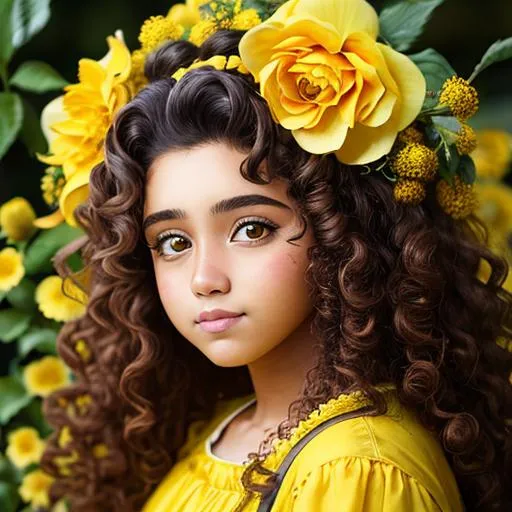 Prompt: A girl with  long curly hair wearing yellow,  surrounded by yellow flowers, facial closeup