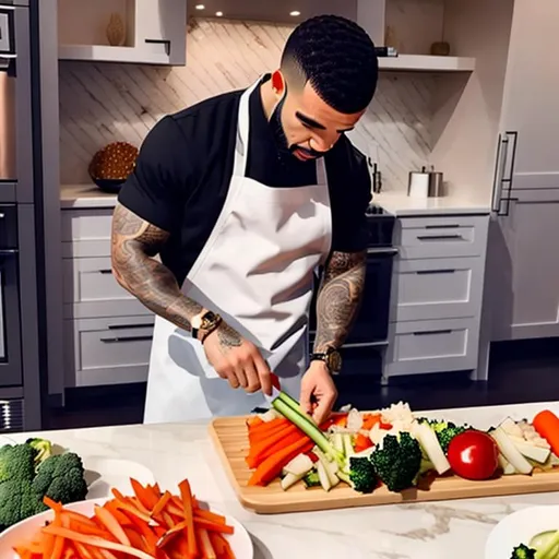 Prompt: drake chops chinese vegetables while cooking, in the kitchen