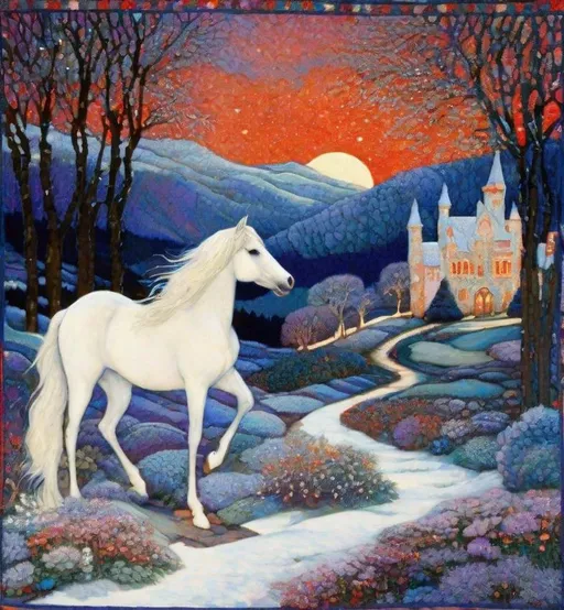 Prompt: Inlay Aubusson tapestry: a winter enchanted beautiful princess and her white horse, a whimsical village landscape background under a beautiful twilight night sky art by Jane Small, Edmund Dulac, Iris Scott, John Lowrie Morrison, Pat Steir, Thomas Edwin Mostyn, Barbara Takenaga, John Piper, Abanindranath Tagore, John Bauer. 3/4 portrait, beautiful pastel aquarelle colours, crispy quality, cinematic smooth, polished finish, high quality, very clear resolution, blue, gold and rose tones, metallic glow