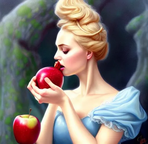 elegant portrait of Cinderella biting an apple, high... | OpenArt