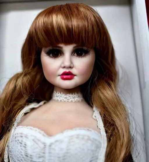 Prompt: Debby Ryan turned into a porcelain doll. In a doll box on a shelf. Up close photo.