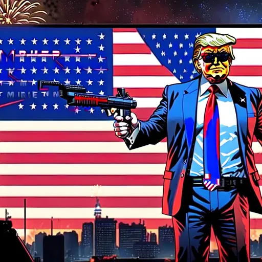 Prompt: liberty guns smiling fireworks donald trump elon musk twitter cyberpunk2077 futuristic timecop shotguns american flag blue tie red tie suits sunglasses 