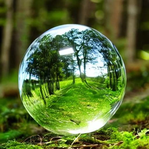 Prompt: Clear orb with reflections from the green forest where it lies
