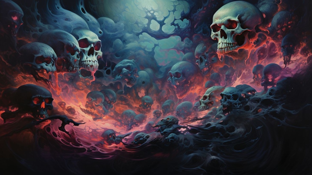 Prompt: In the style of an interstellar comic book, an oil painting captures a chilling scene of a spiral of skulls. The background, painted with swirling colors, resembles a dreamy spacescape. Distorted figures appear, blending seamlessly with the eerie supernatural realism.