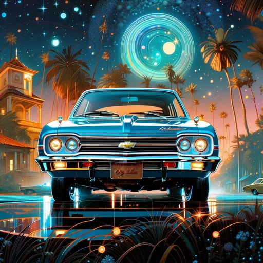 Prompt: a beautiful Chevrolet Opala car, starry sky, highly detailed, intricate motifs, organic tracery, perfect composition, digital painting, artstation, concept art, smooth, sharp focus, illustration, Carne Griffiths, pixar,  Victo ngai, Jean Baptiste Monge, shiny aura, old but robust, bright but deep 