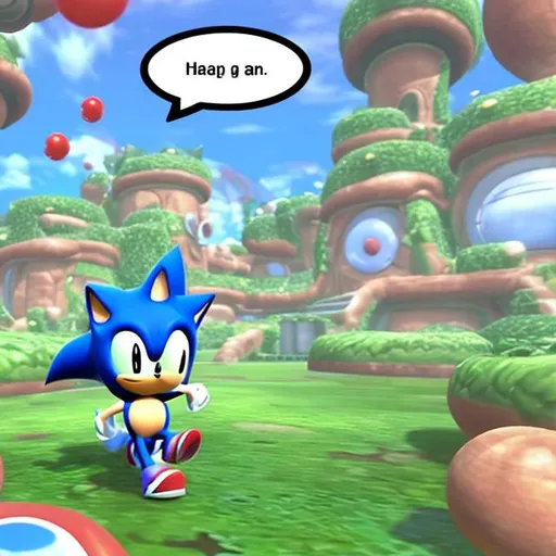 Prompt: chao in sonic adventure 2 garden, hero chao, cute, adorable, speech bubble saying "im happy", happy face, playing, joyful
