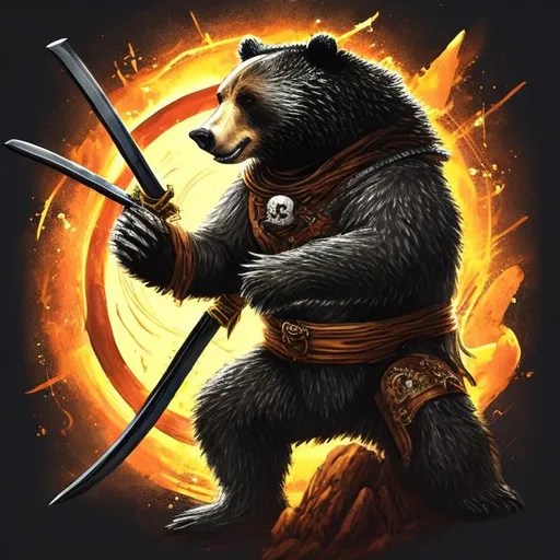 Prompt: a bear wielding a katana made of dragon metal and black hole with an insignia of a black cat head