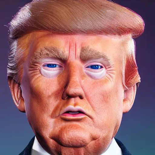 Prompt: A rendition of a plastic doll of Donald Trump. Action Figurine. Shiny. Plastic. Out of focus background. Serious hyper detailed face. Hyper realistic. Well lit high quality picture.