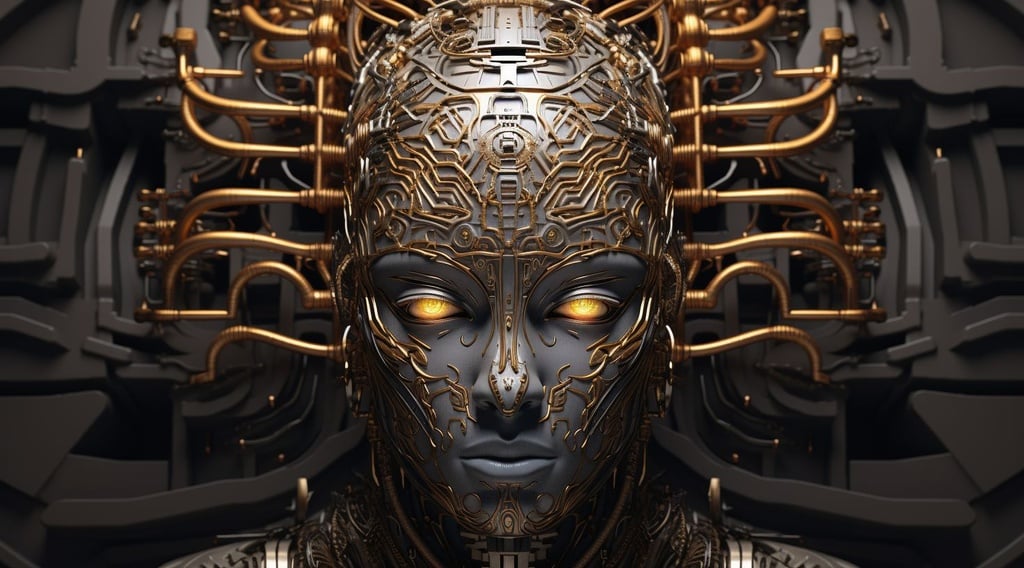 Prompt: a high quality image of an abstract metallic face with a large circuit, in the style of realistic renderings of the human form, intricate patterns, dark symbolism, hyper-realistic sci-fi, surreal abundance, depth of field, symmetrical figures