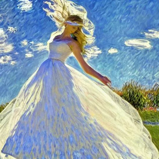 Prompt: wedding dress, wind ,  glass, sunny, blue sky ,A dancing slender bride,  Petals are dancing, perspective,impressionism,monet  