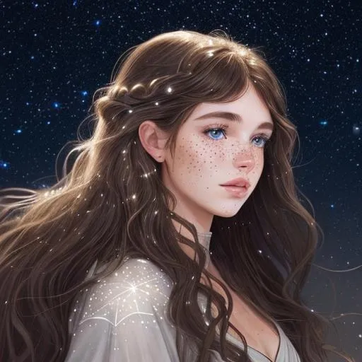 Prompt: A beautiful caucasian Canadian with light freckles woman (goddess of the night sky) with magical flowing brunette hair in the style of constellations and the night sky profile picture