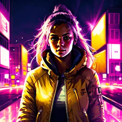 Prompt: Full body portrait of a lonely girl in a cyberpunk night scene in futuristic London. Focus on the eye, very sharp details. 