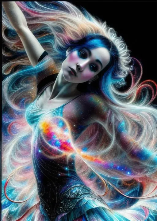 Prompt: Ethereal Ballerina dancing across the universe, fractal colored pencil overlay of silver, blue, red, black, detailed, emotional portrait of a beautiful ballerina dancing art  by  Demiurge Ash, Ilya Harper, Jean-Baptiste Monge, Charlie bowater, Mark Fielding. highly detailed expressiveness in face and overall, highly artistic, fine art, anatomical accuracy, high definition, sharp focus, intricate, elegant, cinematic lighting, 8k concept art; deep color; ink drawing, body parts forced accurate and proportional anatomical accuracy,