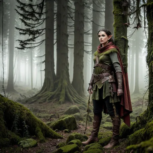 Prompt: elven scout, worn clothes, cloak, leather, belts and pouches, pack and gear, multilayred outfit, in a mossy, decaying, rusty and worn,  intricate detail,  show antennas and wires and circuits, old apocalyptic city wasteland overgrown by oppressive huge forest, vines, plants and roots growing, cracking through walls, 3d render,  high detail,