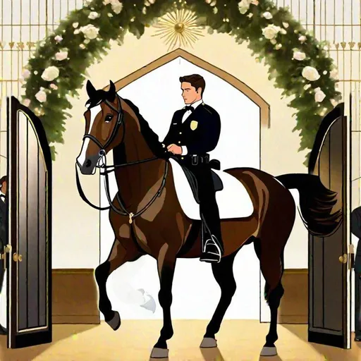 Prompt: Caleb  as a police officer (brown hair) (brown eyes) wearing a tuxedo, full body, ((riding a horse, pulling back on the reins, making the horse stand on its hind legs rearing up)) two large doors directly behind him, center, front-facing, stopping a wedding, objecting, still image, standing in the altar room