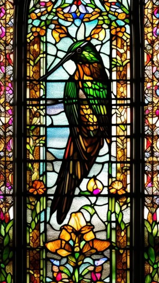 Prompt: Hyper realistic, Unreal engine, cathedral stained glass, humming bird