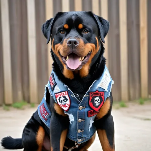 Prompt: rottweiler wearing a heavy metal music denim vest with death metal patches 