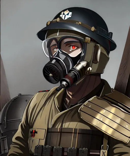 Prompt: portrait of a ww 1 german soldier with gas mask, glowing eyes, epic lighting, oil painting, Sturmtruppen, imperial germany, helmet, chlorine gas background