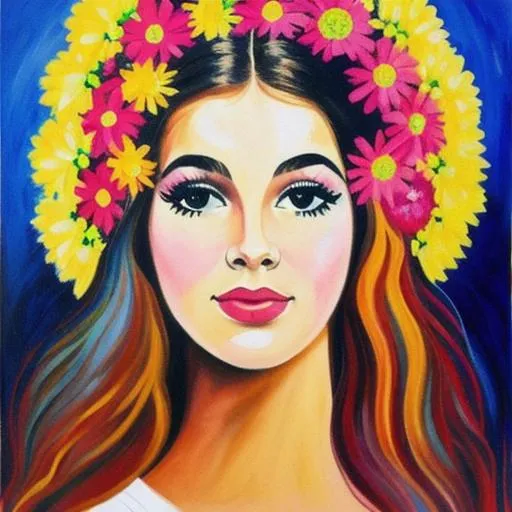 Prompt: A painting of a 1960s hippie girl with flowers in her hair