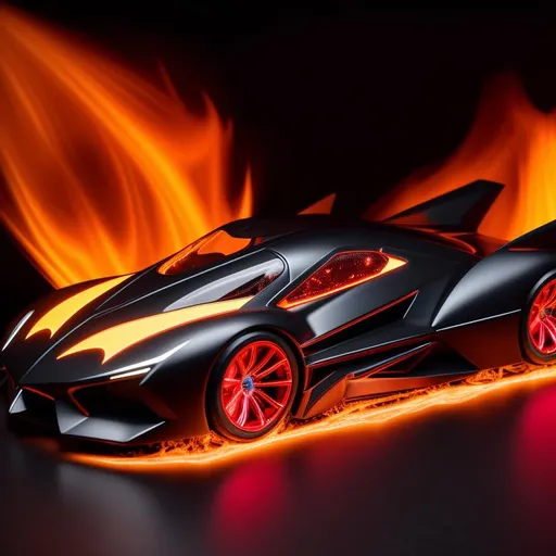 Prompt: Futuristic mega Batman car on fire and ice cosmic speed red and dark