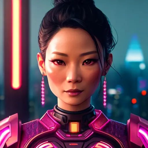 Prompt: CREEPY Android woman , Lucy Liu, Pixar Style Eyes, Glow in Hair, intricately flowing short hair, Sexual Cyborg Pink GLOW Body, Intricate Orange metal lace body armor, 50mm (((face))), Cyberpunk Hill in the background, cinematic Shot, intricate details, Cinematic lighting, Soft light, ornamental artwork by Tooth wu and Beeple, insane details, photorealistic 