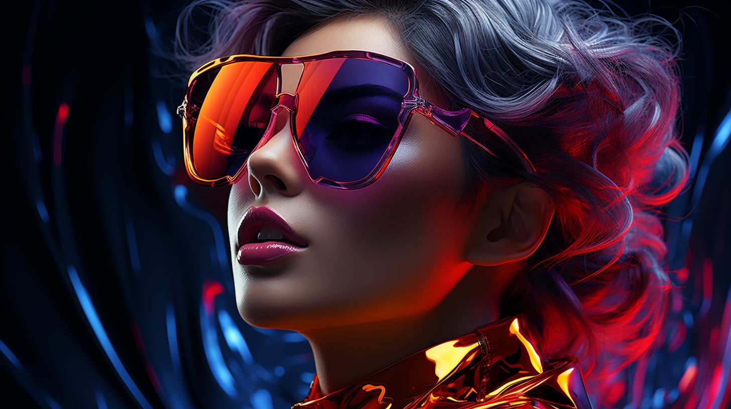 Prompt: girl wearing sunglasses in style of neon glowing metallic 3d render