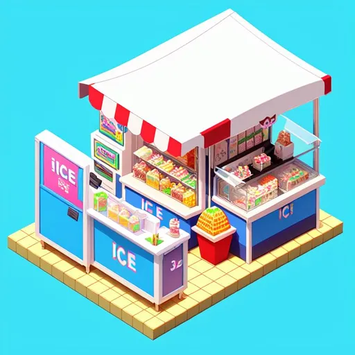 Prompt: 3D 32-bit isometric anime ice cream stand with a young woman