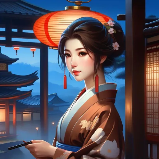 Prompt: Third person, gameplay, ancient Japanese girl, pale skin, brown hair, brown eyes, Kyoto at night, fog, blue atmosphere, cartoony style, extremely detailed painting by Greg Rutkowski and by Henry Justice Ford and by Steve Henderson 