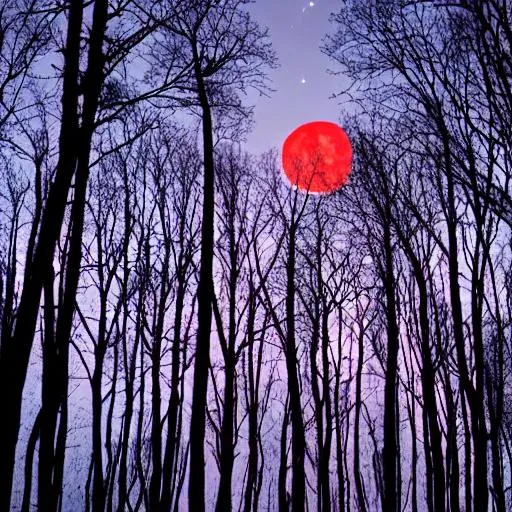 Prompt: Night time forest, full red colored moon