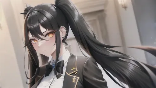 Prompt: Beautiful girl with long black hair in pigtails, long hair, long black hair, black hair, orange eyes, formal clothing, pierced ears, beautiful, {{{Hyper detailed}}}, {{{Photorealistic}}}, {{{Hyper realistic}}}