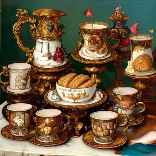 Prompt: coffee table with coffee cups and a lot of french pastry, oil painting, in the style of Hans Holbein