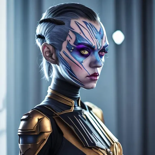 Prompt: realistic photo, asaj ventress cosplay, katy perry, face tattoos geometric black, beautiful, skinny, petitte, starwars, gray armor, gold details