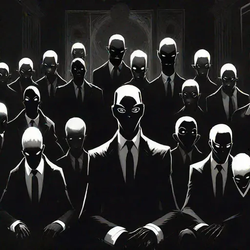 Prompt: 13 shady humanoid black figures in a secret council, dressed in black suit, black masks, white glowing eyes, black and white tone