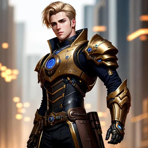 Prompt: Photo of ideal 25 year old male cyborg wearing steampunk armor,

healthy body,
dirty-blond hair,

elegant, 
highly detailed, 
trending on artstation, 
excellent composition,
sharp focus,
bokeh,
bright lighting, 
16k