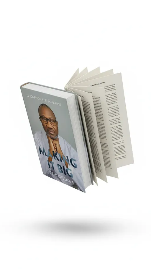 Prompt: A highly realistic 3D animation of the book Making It Big by Femi Otedola. The book is floating in mid-air against a pure white background. The cover is clearly visible at first, then the book slowly rotates and begins to open. As the pages turn smoothly, they reveal many sheets filled with written content, simulating text-filled pages. The animation should feel elegant, professional, and cinematic, with soft shadows beneath the book to emphasize the floating effect. The camera should slowly zoom in as the pages flip, creating a dynamic and engaging motion graphic.